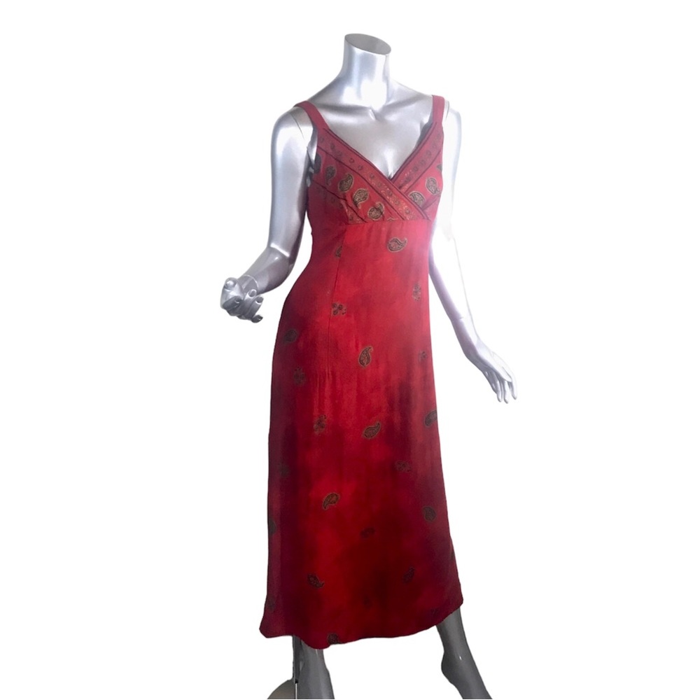 Dawn Joy Vintage 90’s 7/8 Long Red Dress Gold Paisley Accents V Neck Sleeveless